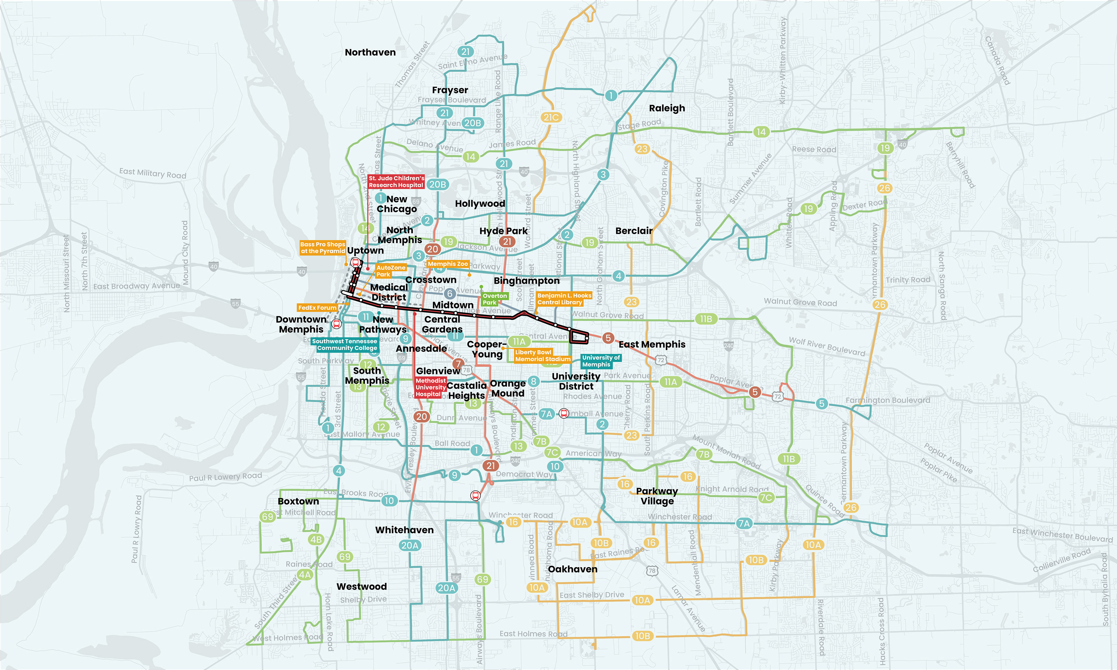 The mConnect Bus Rapid Transit route map shown with the Transit Vision network and Memphis neighborhoods. The mConnect route runs along Second Street and B. B. King Boulevard, Union Avenue, and Poplar Avenue to just past the University of Memphis with 10 minute frequency during peak travel times.